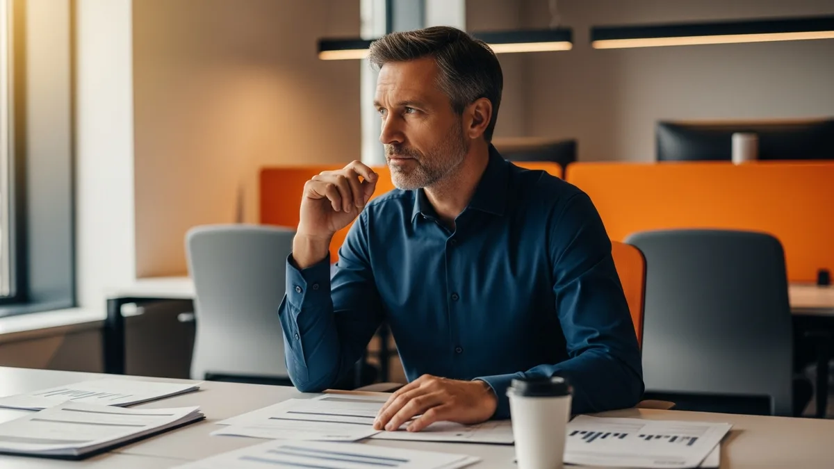 Mortgage tech engineering leader reviewing printed loan reports at a desk in a fintech office