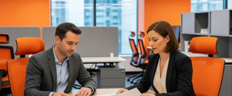 Two engineering leaders reviewing printed mortgage compliance documents in a modern fintech office