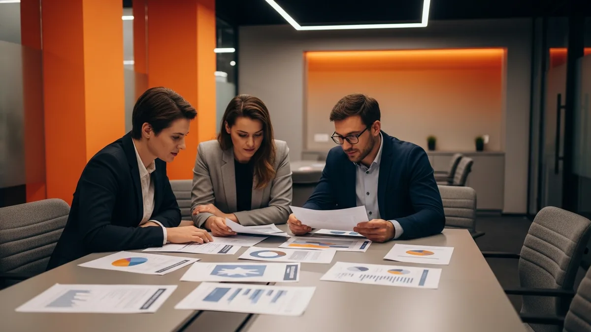 Engineers reviewing printed fair-lending outcome charts around a conference table in a mortgage technology office