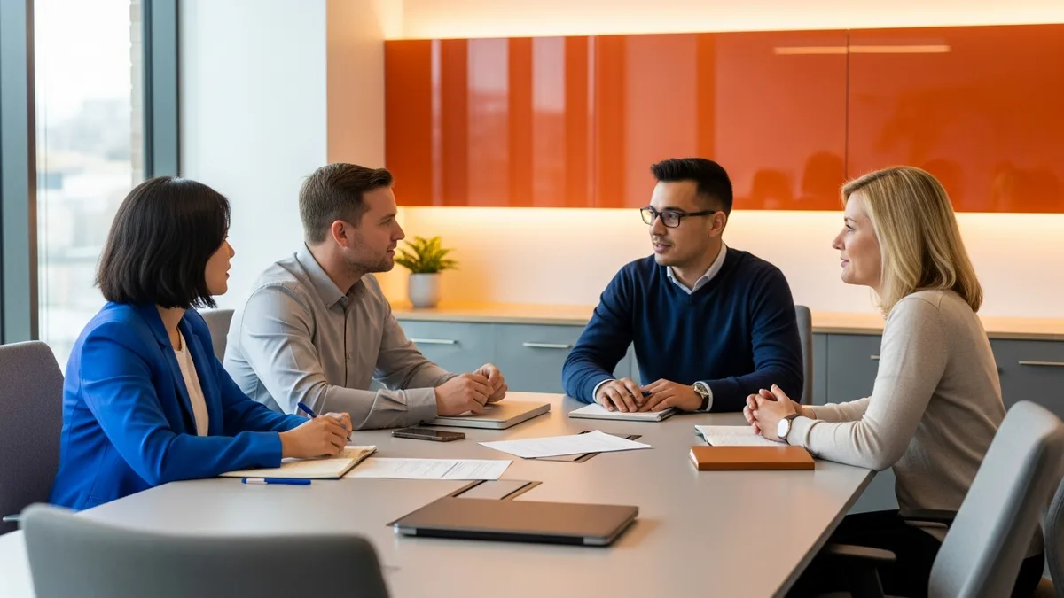 Four colleagues at a conference table deciding between a VMS platform and an MSP for their contingent workforce program