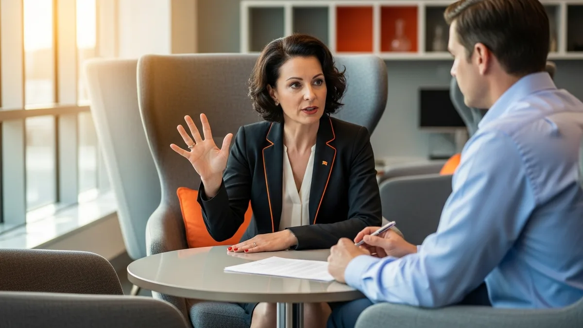 Contingent program manager negotiating rate card terms with a staffing supplier in an office breakout area
