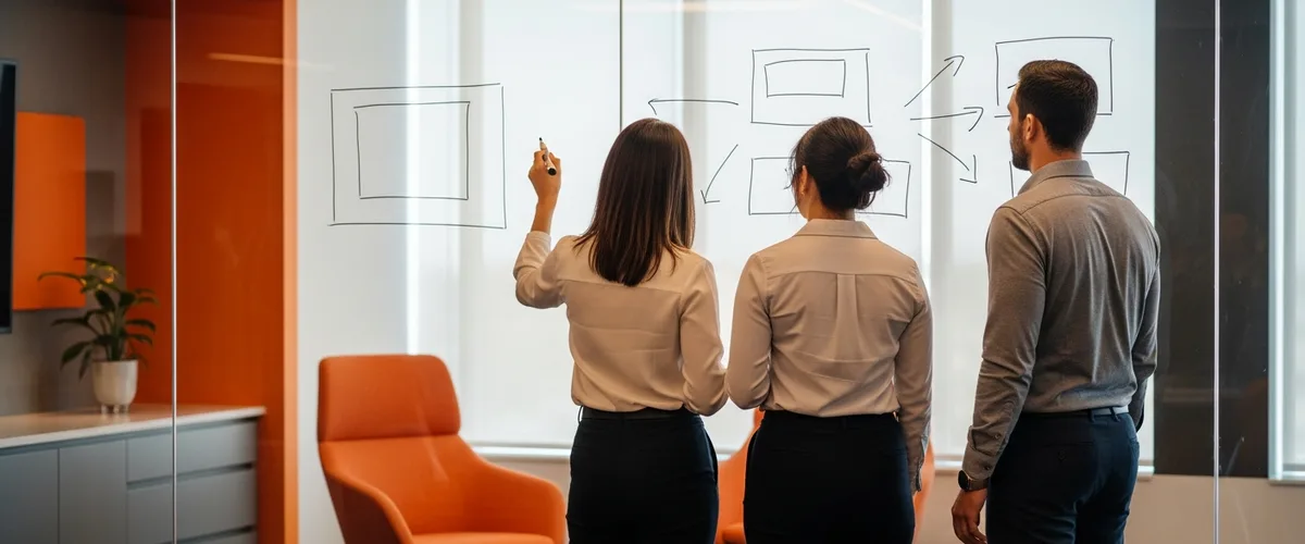 Three procurement and talent leaders mapping an MSP and VMS staffing program on a glass wall