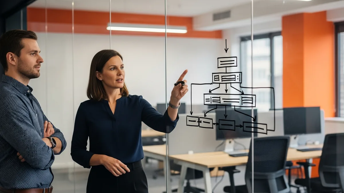 Program managers reviewing supplier panel tiering on a glass panel inside a VMS driven contingent program