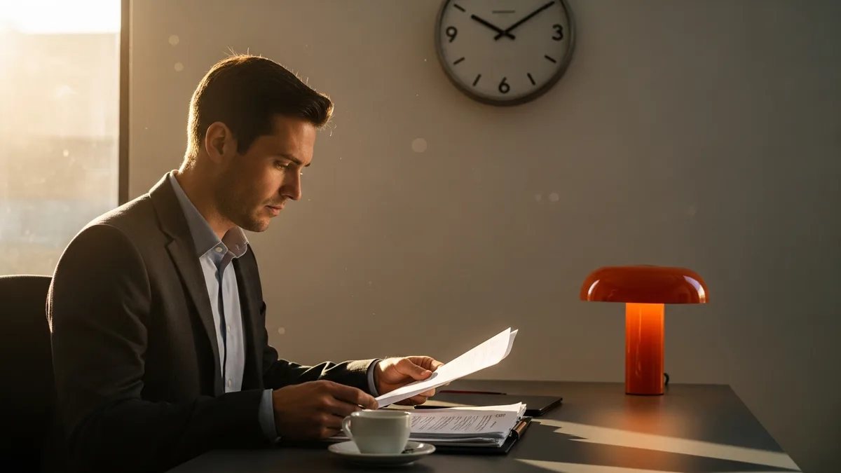 Team lead reviewing printed documents beside an analog wall clock, illustrating time zone overlap between nearshore and offshore tech teams