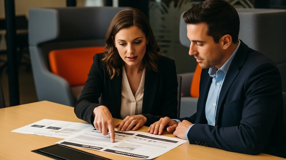 Two colleagues reviewing a printed project plan together at a conference table while weighing nearshore versus offshore staffing