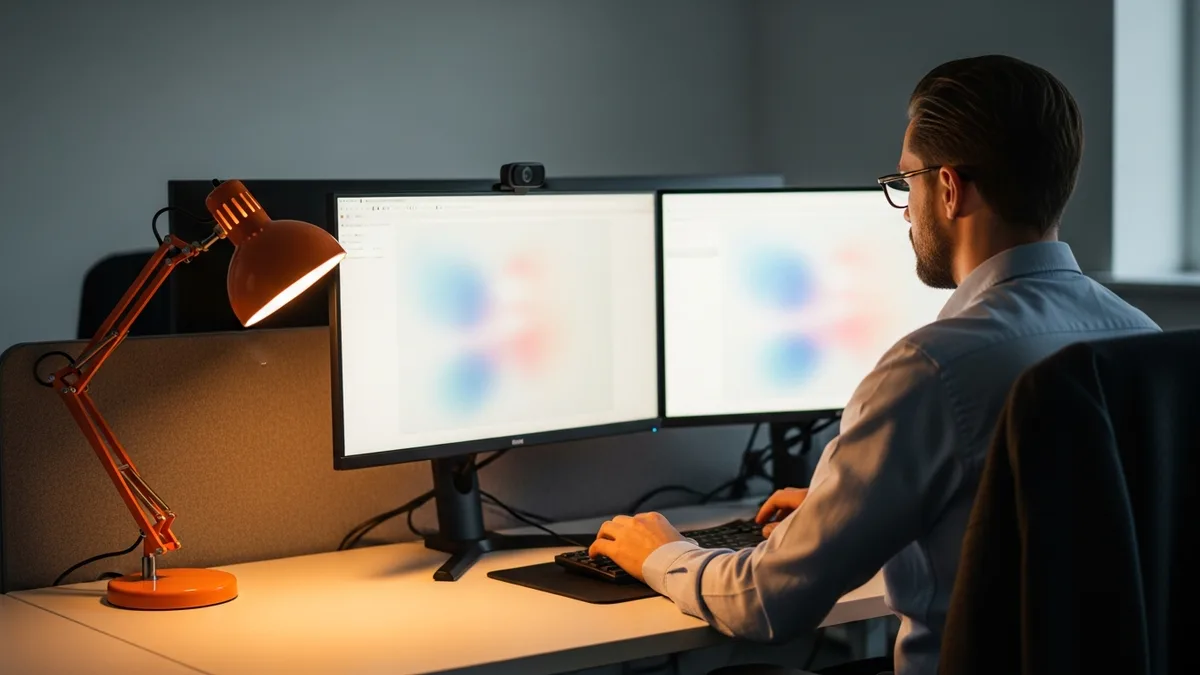 A NetSuite administrator working at a dual-monitor workstation, owning the live system after go-live