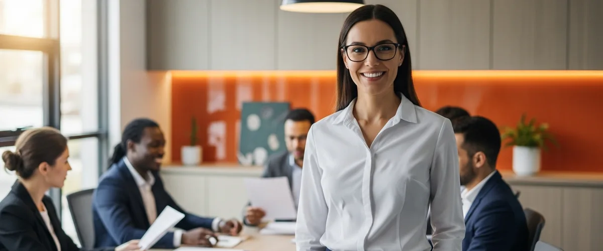 NetSuite administrator standing in a modern finance office with colleagues meeting in the background