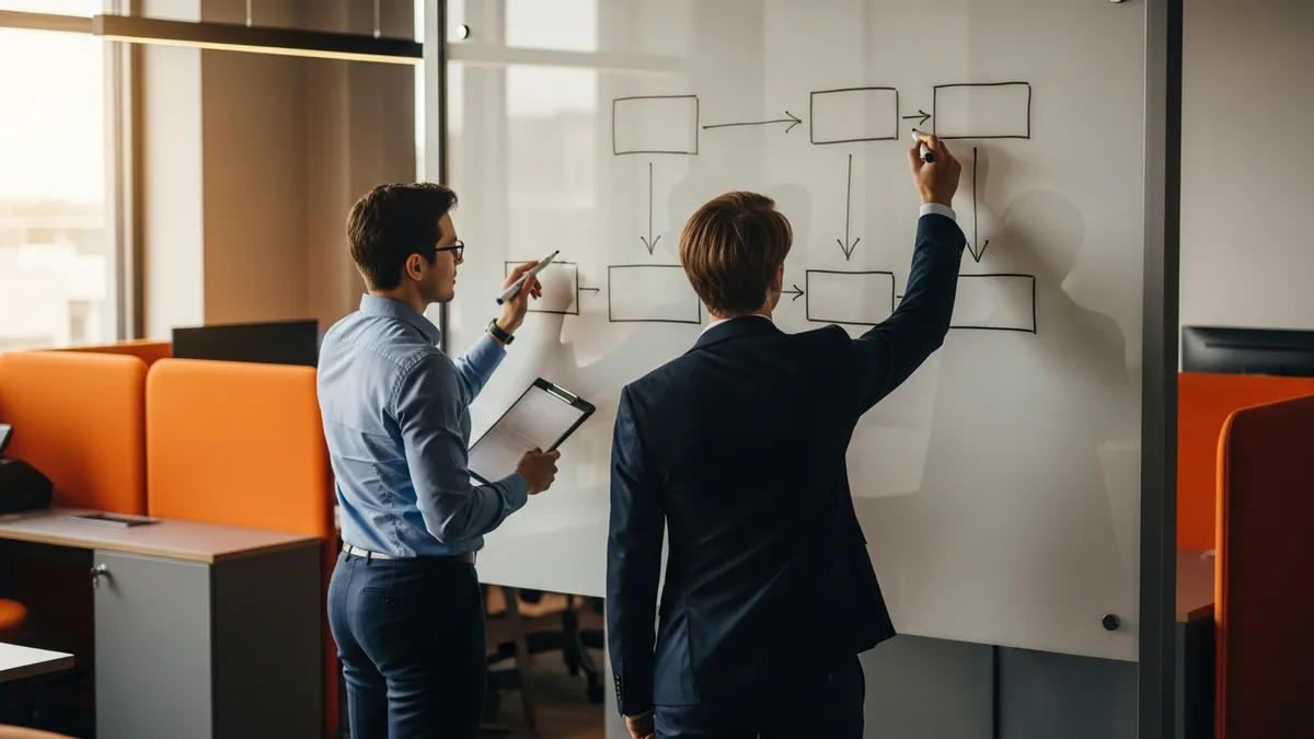 Two business systems colleagues mapping a NetSuite approval workflow on a glass whiteboard