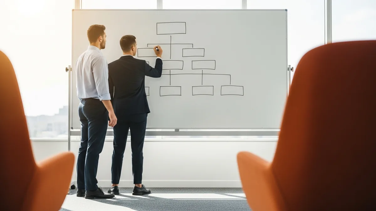 Managers mapping an org chart showing whether a NetSuite administrator reports into finance or IT