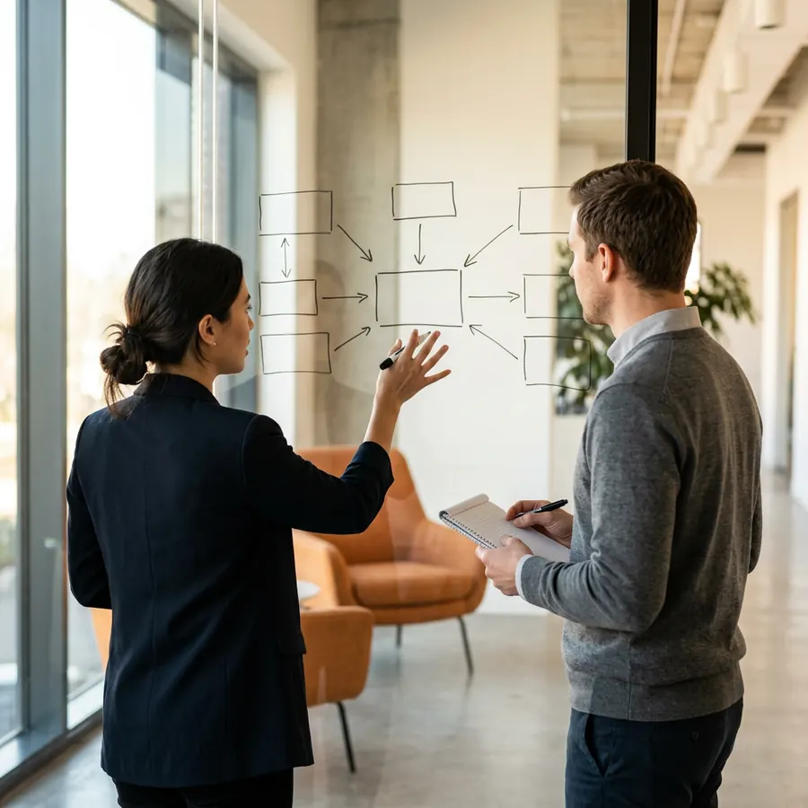 A KORE1 recruiter and a hiring manager scoping a NetSuite administrator role at a glass wall covered in sketched process boxes
