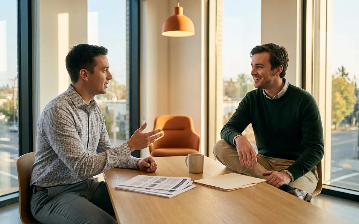 A KORE1 recruiter interviewing a certified NetSuite administrator candidate across a table in a bright modern office
