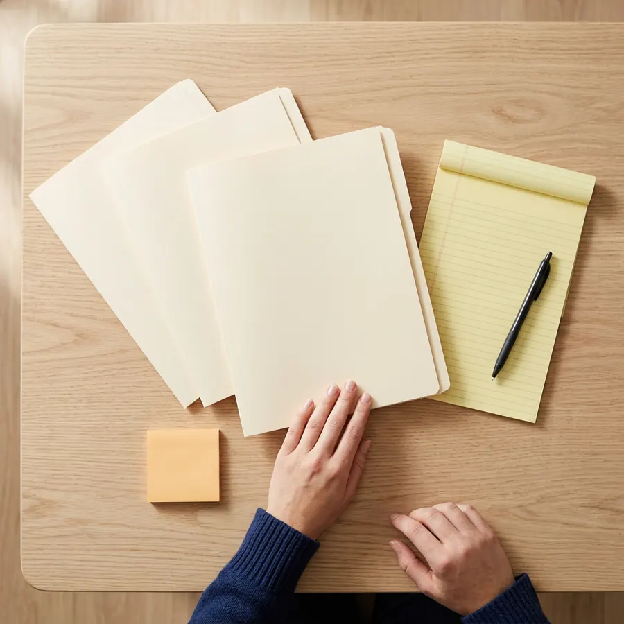 Hands squaring a stack of manila folders and a legal pad during a NetSuite administrator role and permission review