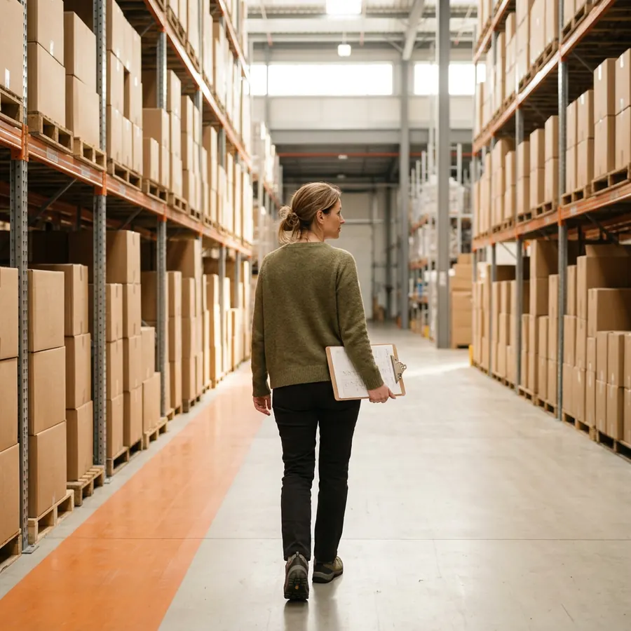 An operations manager walking a distribution warehouse aisle with a printed pick list, the environment a NetSuite administrator supports