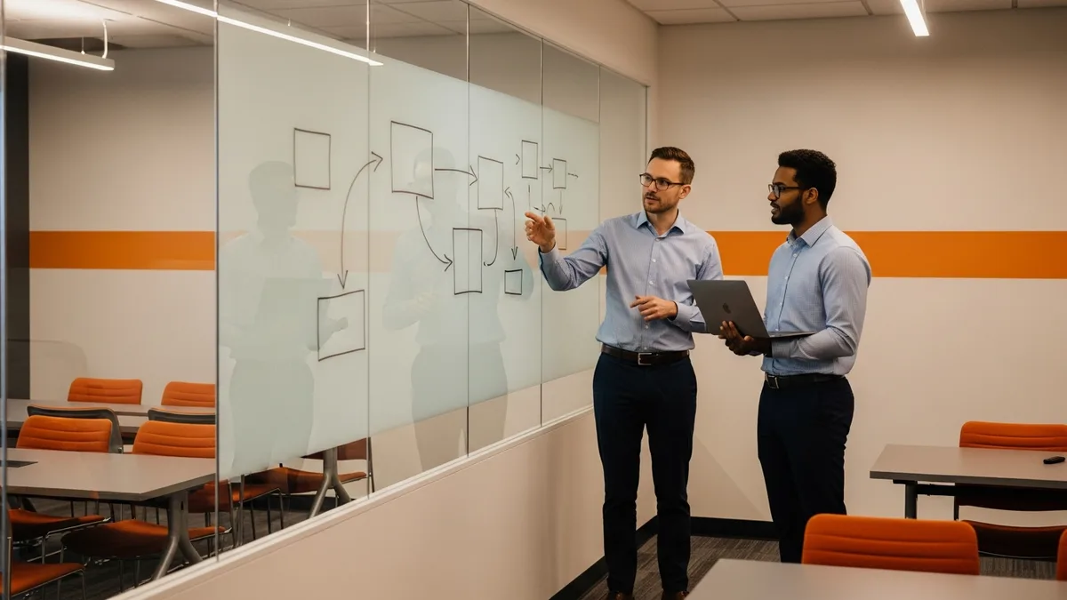 Hiring manager and NetSuite developer candidate working through a live SuiteScript governance exercise at a whiteboard