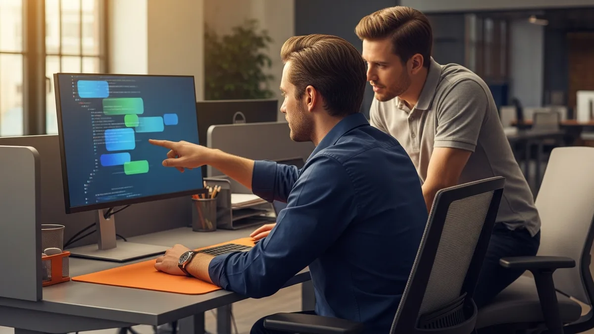 Two NetSuite developers reviewing SuiteScript code together at a workstation