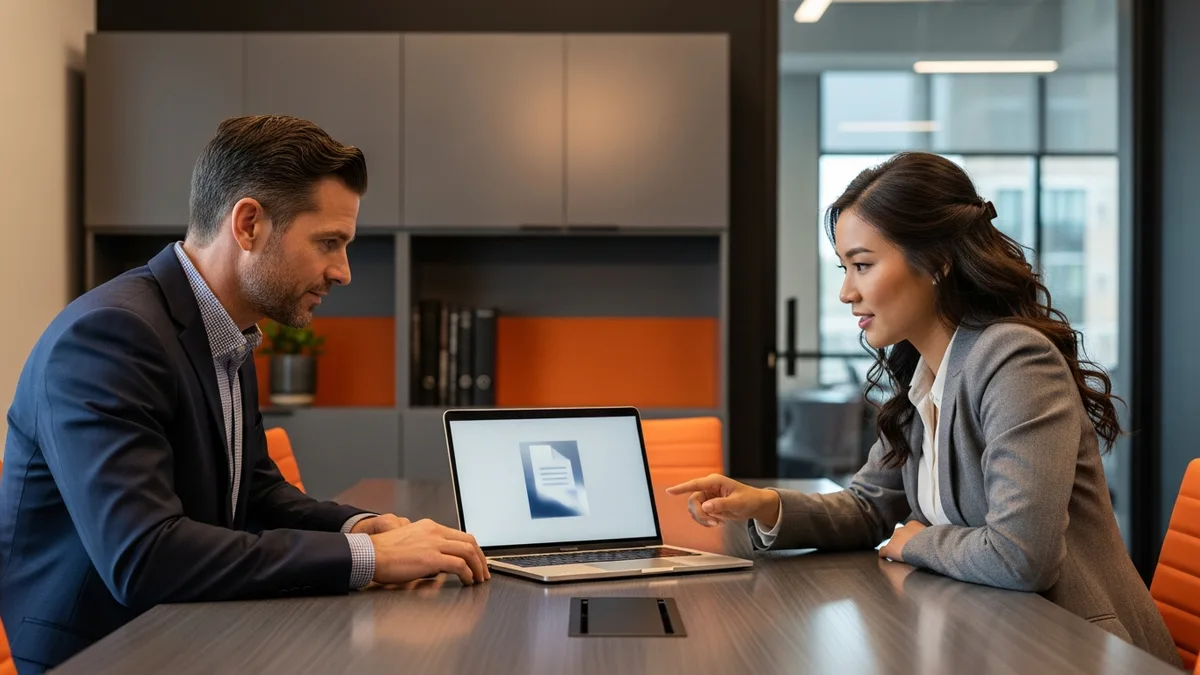 Hiring manager and technical lead reviewing a NetSuite developer job description on a laptop