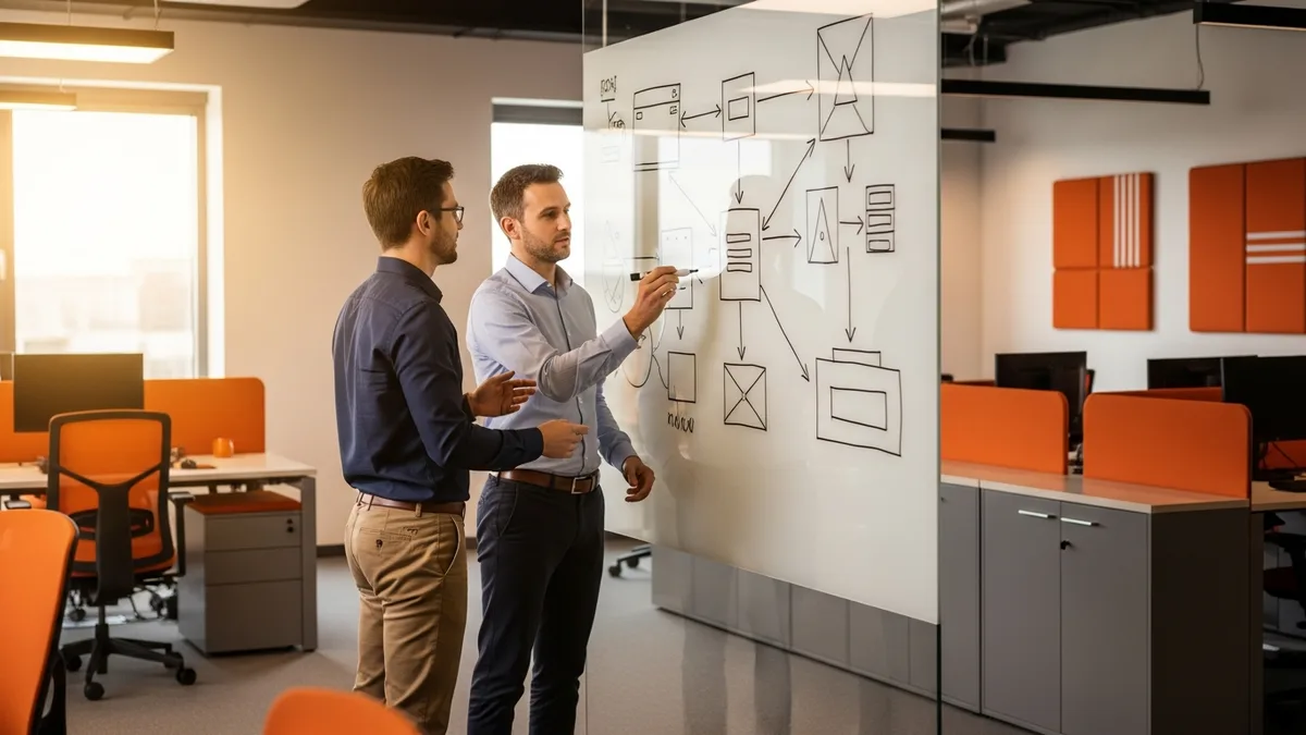 Two engineers mapping a NetSuite integration architecture on a glass whiteboard
