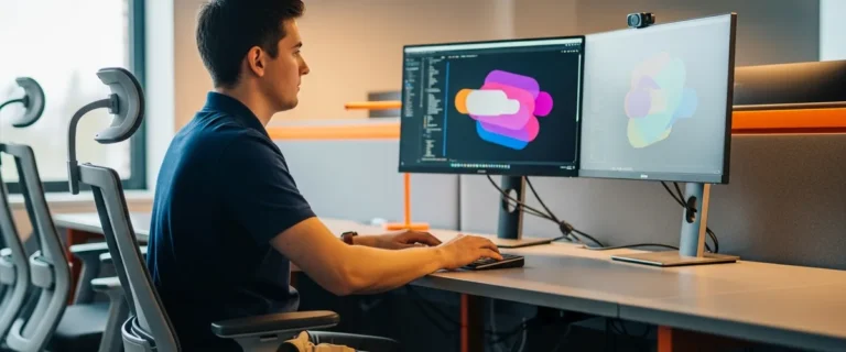 NetSuite developer writing SuiteScript at a dual-monitor workstation in a modern office