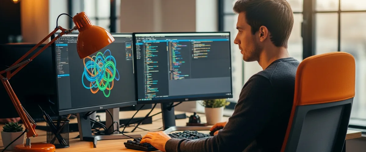 NetSuite developer at a dual-monitor workstation reviewing code and dashboards for the 2026 salary guide