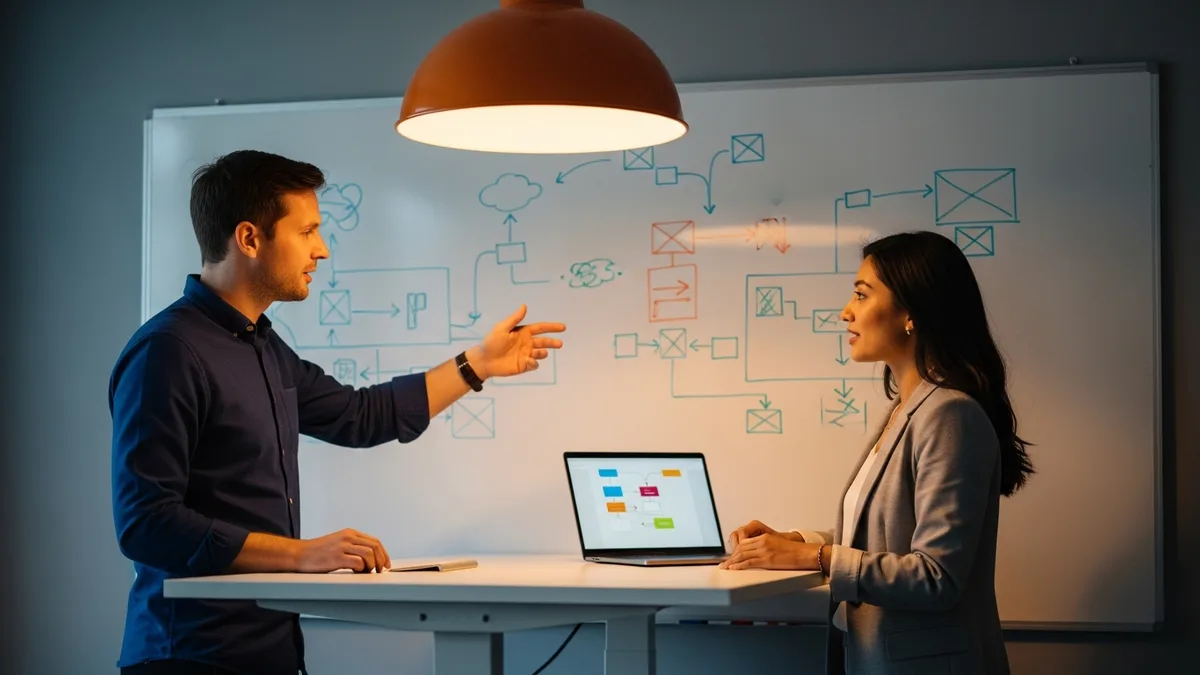 NetSuite developer and a colleague mapping an integration workflow on a whiteboard during a contract project