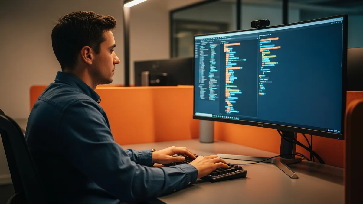 NetSuite developer writing SuiteScript code on a monitor at a modern workstation