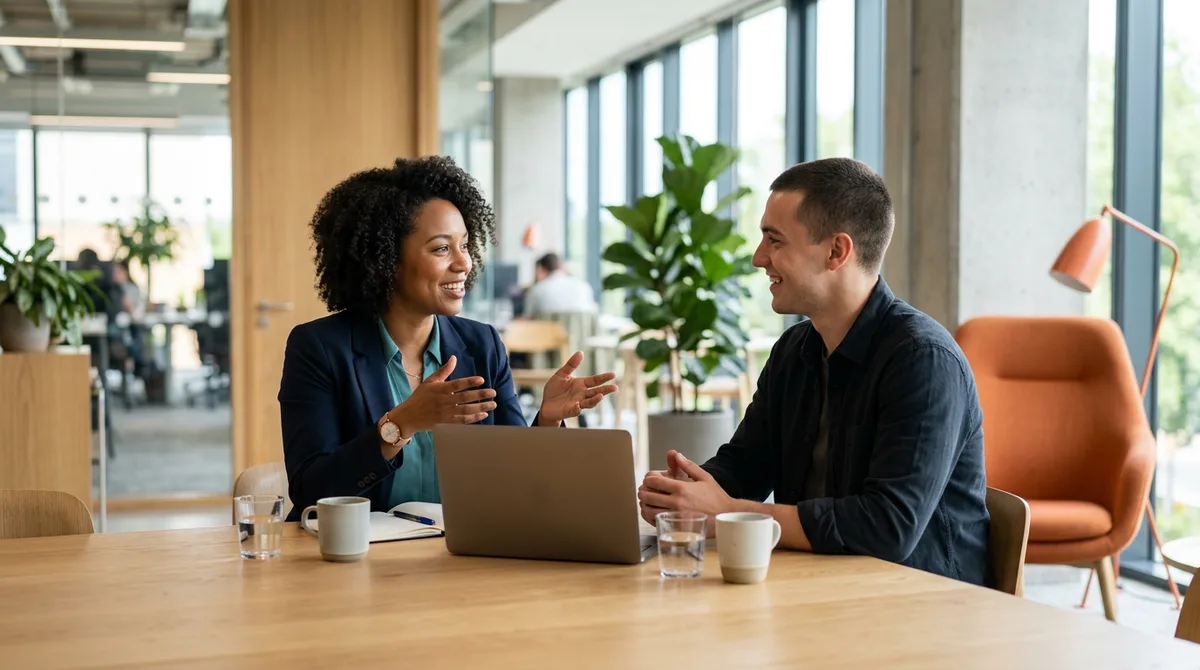 A KORE1 technical recruiter and a NetSuite SuiteScript developer candidate reviewing a role together in a bright modern office