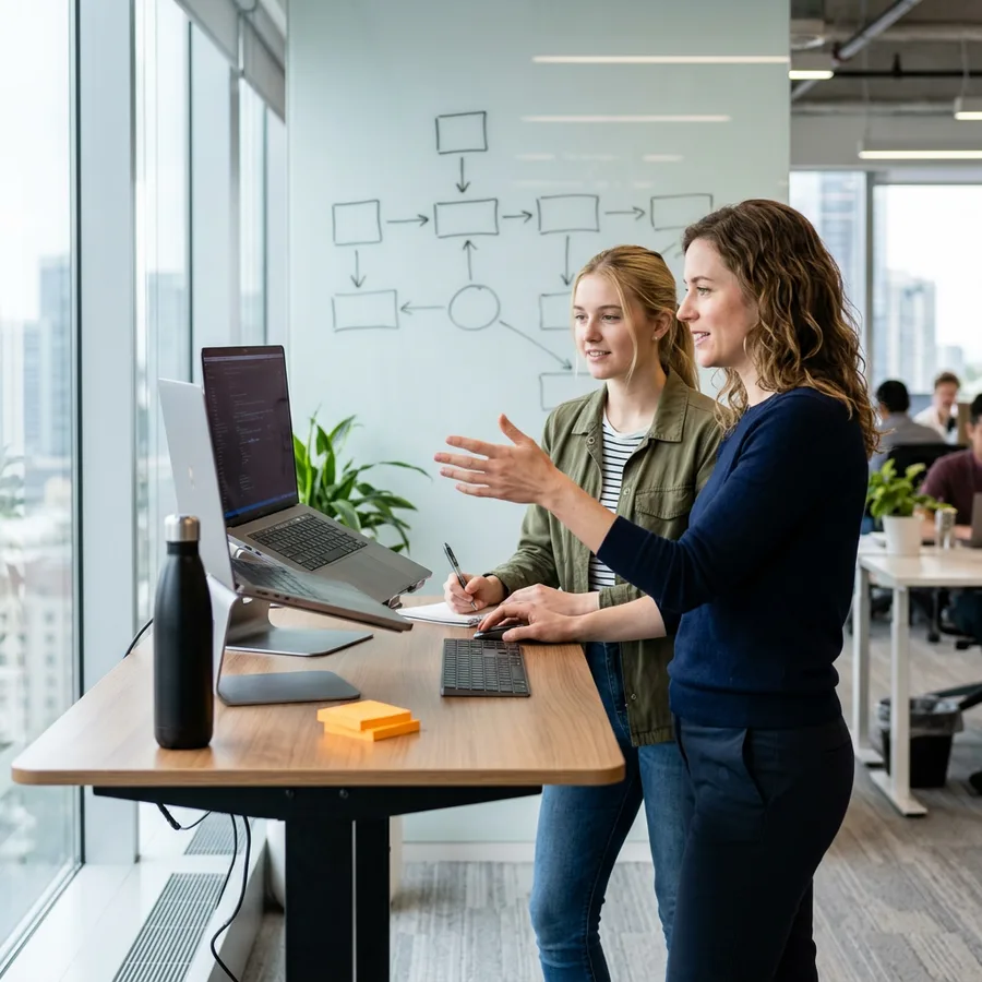 Two developers pair programming at a standing desk, one pointing at a laptop, during a SuiteScript code review