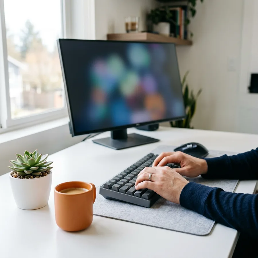 A NetSuite developer's hands on a mechanical keyboard at a clean desk, a second monitor angled away, during SuiteScript development work