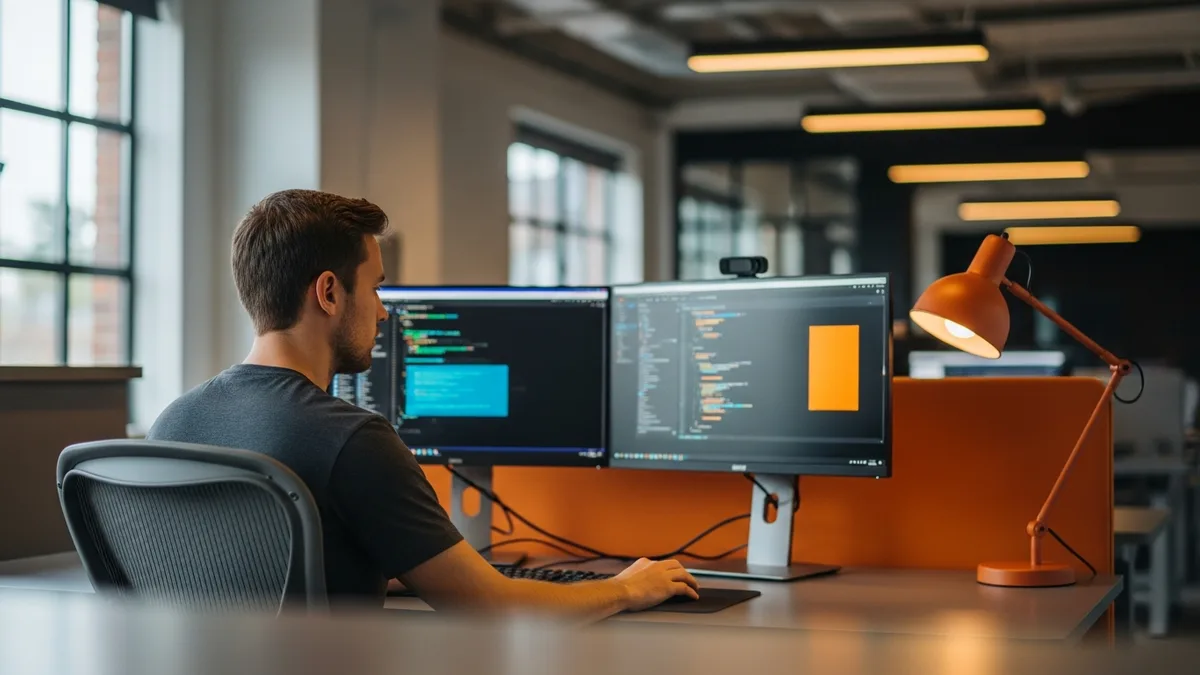 NetSuite developer writing SuiteScript at a dual-monitor workstation in a modern office
