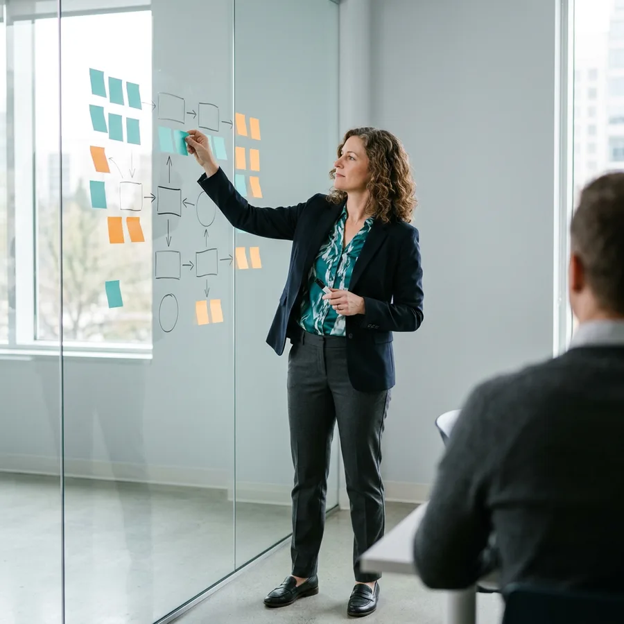 A NetSuite implementation consultant leading a requirements workshop at a whiteboard covered in sticky notes and a printed process map
