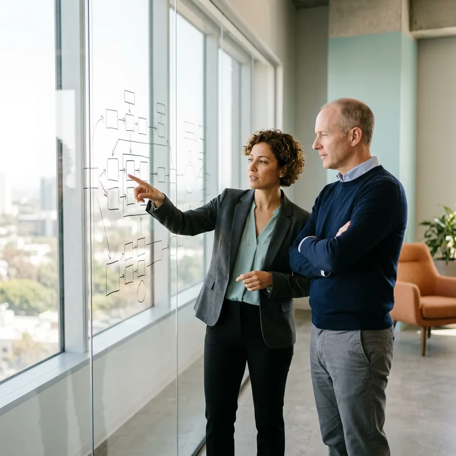 A KORE1 recruiter and a hiring manager scoping a NetSuite implementation role at a glass wall of sketched project phases