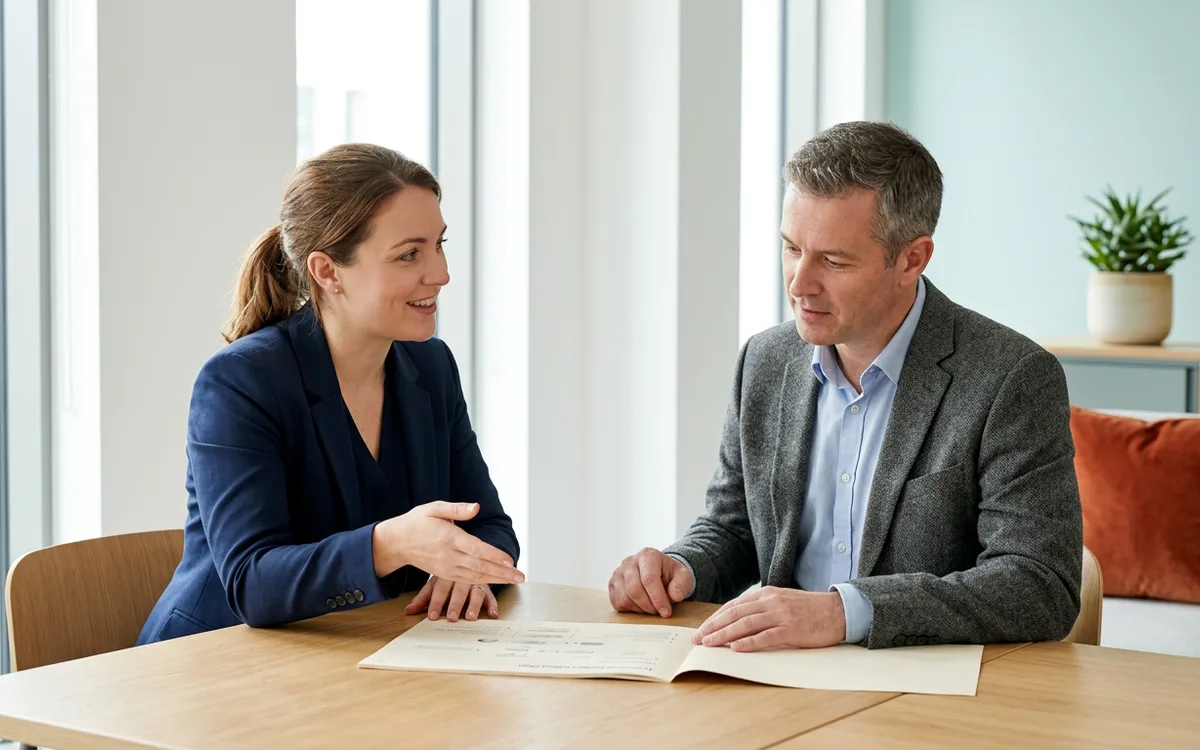A KORE1 recruiter and a NetSuite implementation consultant candidate reviewing a project rollout plan in a bright modern office