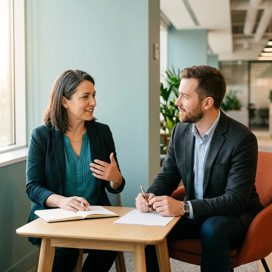 A KORE1 technical recruiter and a NetSuite consultant candidate in a focused screening conversation across a table with printed notes