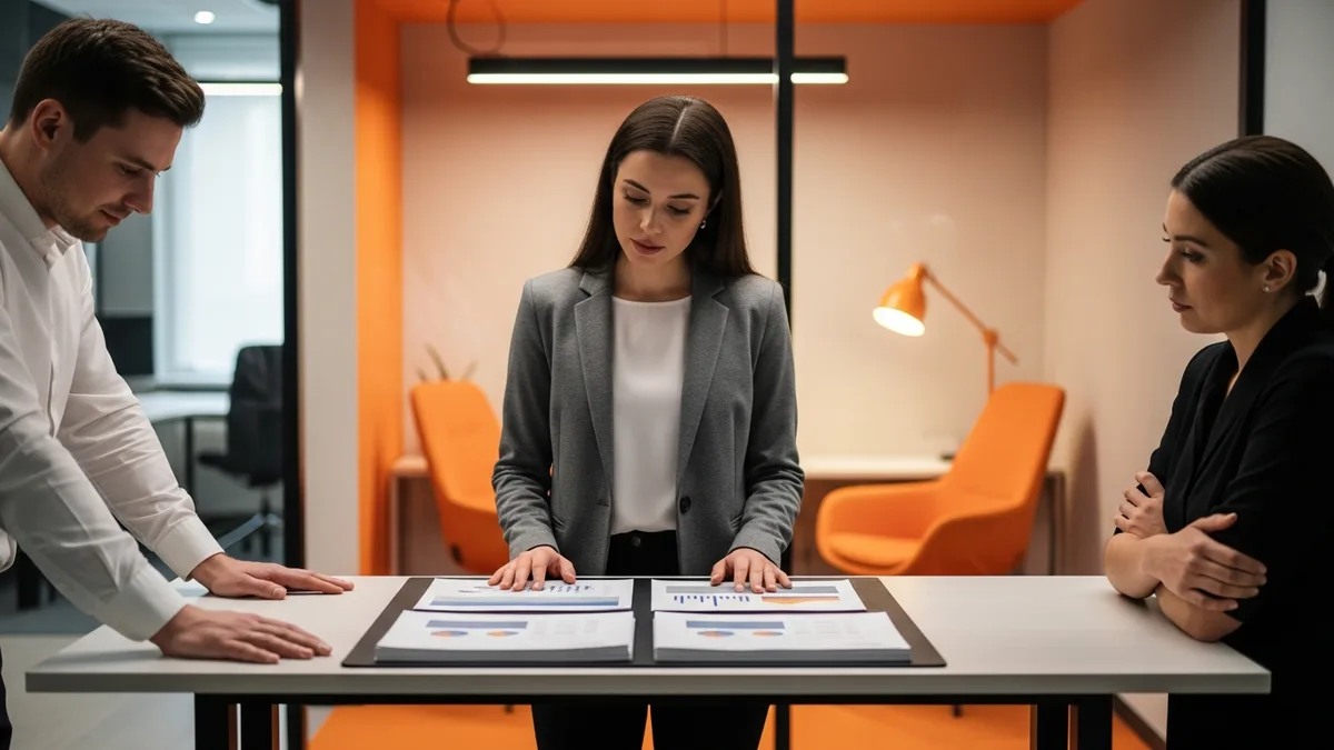 Three colleagues comparing two NetSuite implementation partner quotes side by side on a standing table