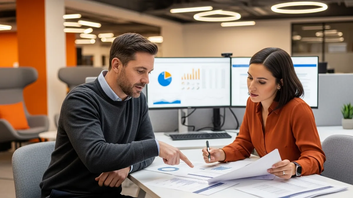 CFO and ERP project lead reviewing NetSuite implementation cost estimates and budget documents at a desk