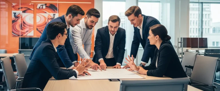 NetSuite implementation team of professionals mapping roles and staffing around a project plan in a modern office