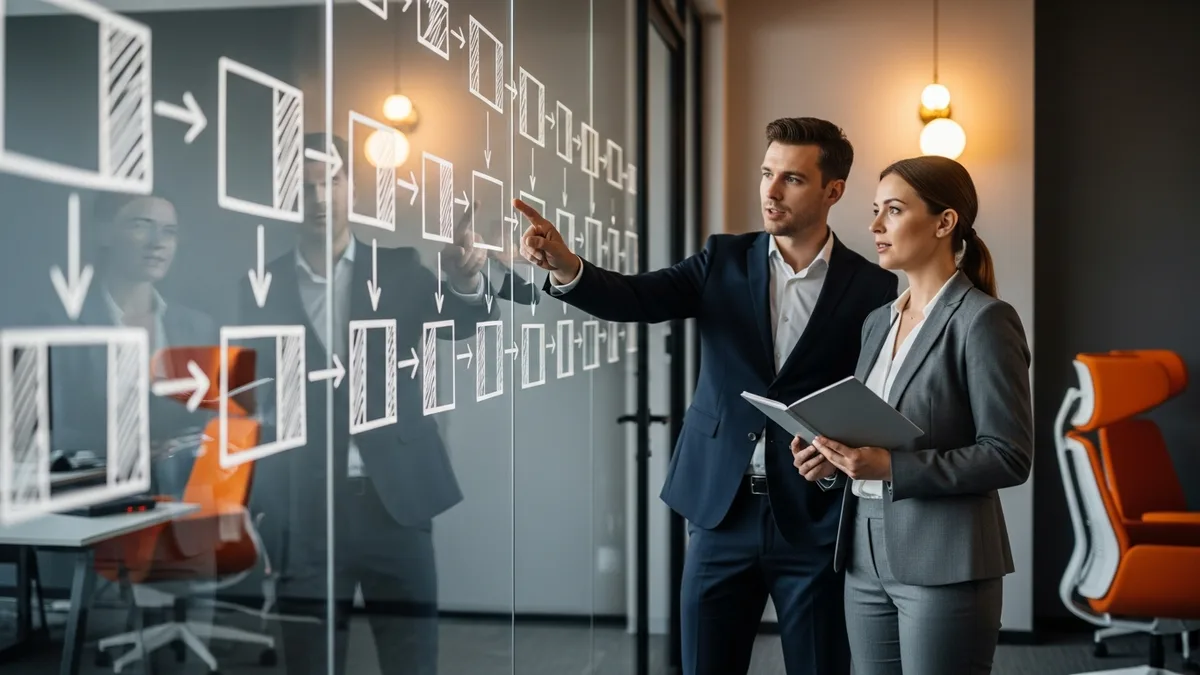 A hiring manager and recruiter mapping the order to staff a NetSuite implementation on a glass wall of project phases