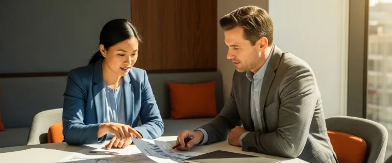 Two business executives comparing NetSuite implementation partner proposals across a conference table