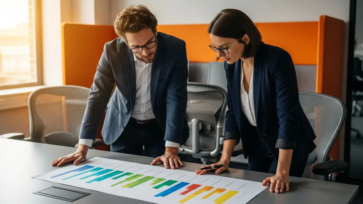 Project manager and colleague reviewing a NetSuite implementation project timeline chart