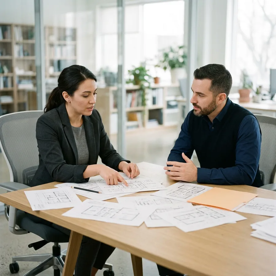 A KORE1 recruiter and a hiring manager scoping a NetSuite integration role at a table with printed architecture sketches