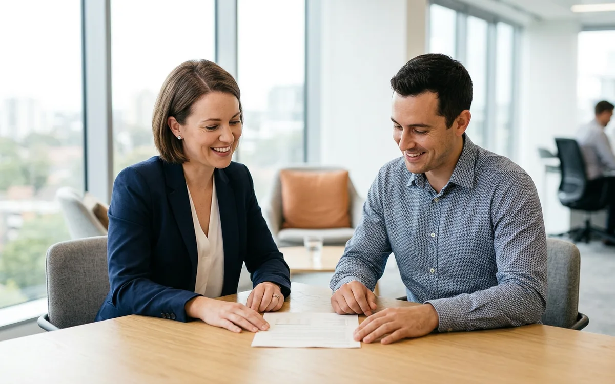 A KORE1 technical recruiter and a NetSuite integration specialist candidate reviewing a role together at a bright modern office table