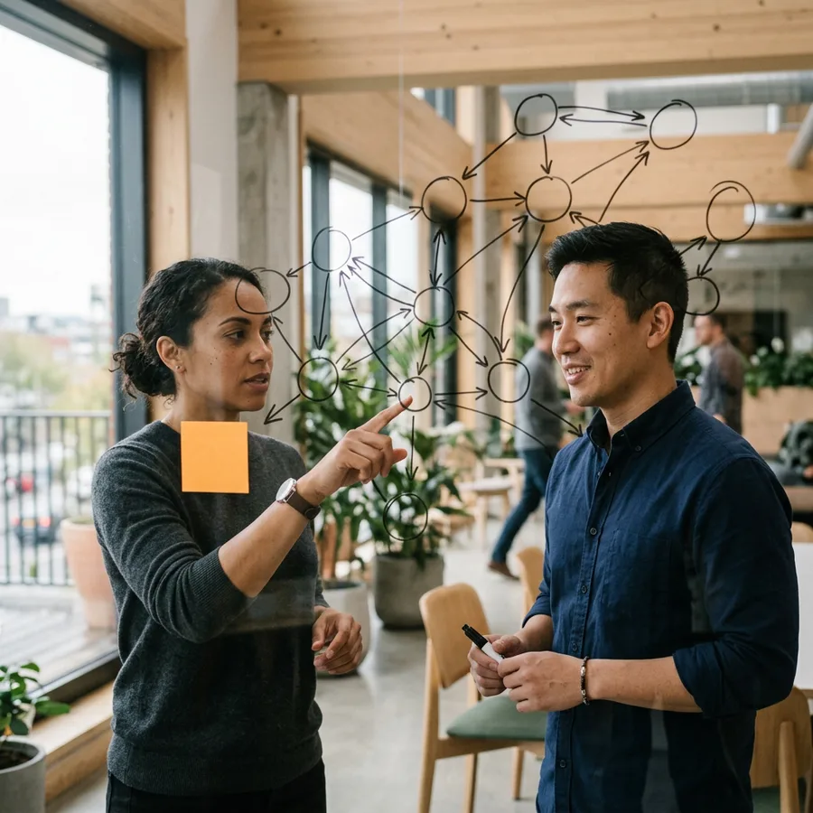 Two engineers reviewing an integration flow drawn as nodes and arrows on a glass wall, one pointing, during a technical screen