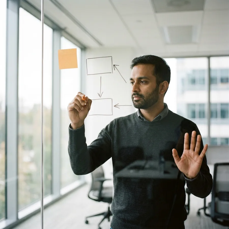 A NetSuite integration specialist sketching a data flow between two systems on a glass wall during an integration design session