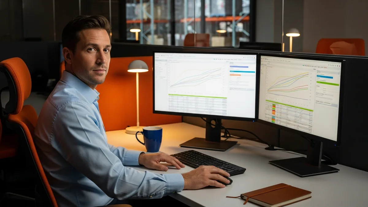 Demand planner reviewing NetSuite inventory reorder points and supplier lead times on dual monitors