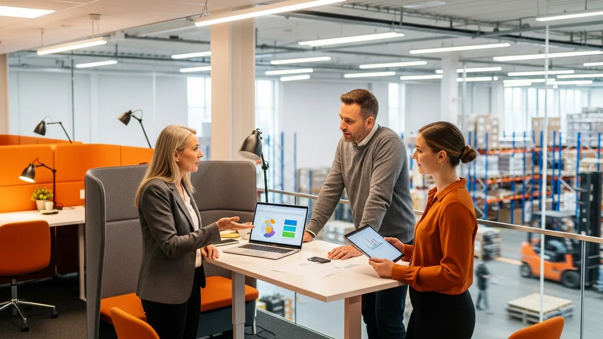 Operations and finance colleagues planning NetSuite stockout prevention in a warehouse mezzanine office