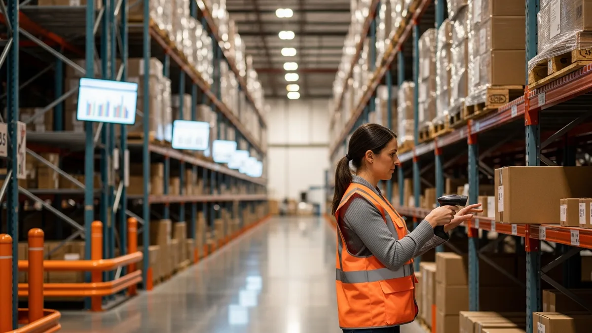 Warehouse associate running a NetSuite inventory cycle count with a handheld barcode scanner in a racking aisle