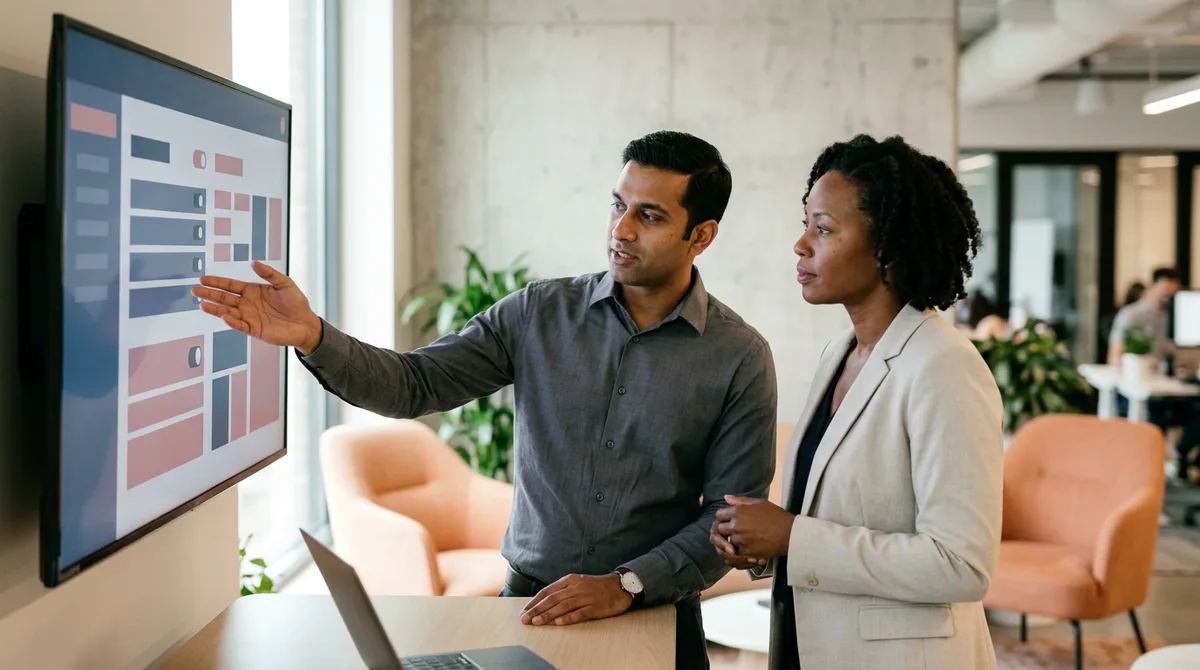 NetSuite MCP consultant and a finance systems manager reviewing AI connector role permissions on a large monitor, KORE1 NetSuite MCP and agentic AI consultant staffing
