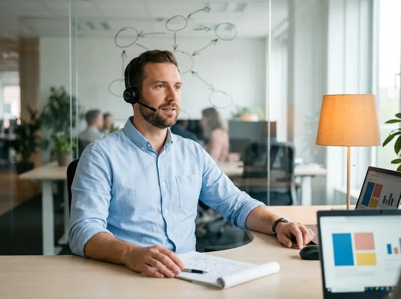KORE1 technical recruiter running a screening call with a NetSuite MCP consultant candidate, notes and a whiteboard of workflow shapes in the background