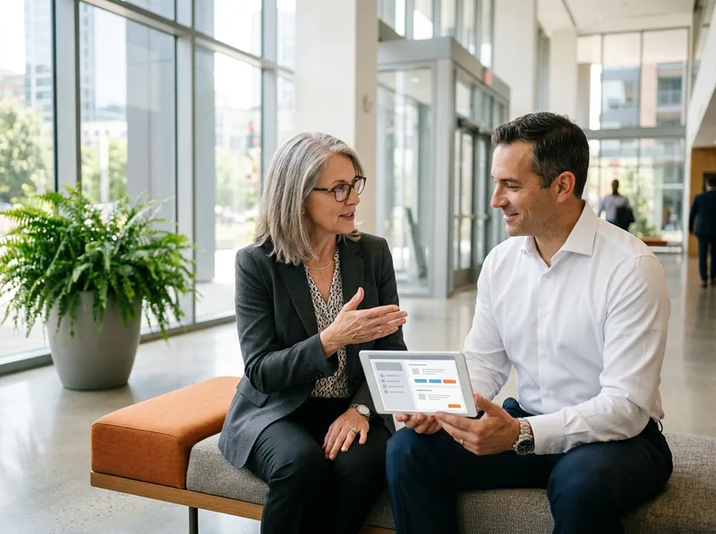 KORE1 senior recruiter reviewing a NetSuite MCP consultant candidate profile with a finance systems hiring manager in a bright office