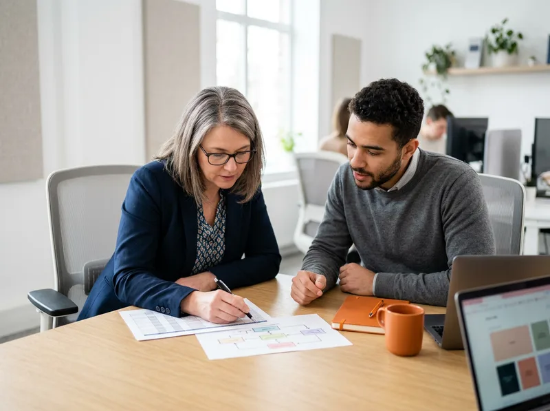 NetSuite consultant and an AI engineer comparing a printed permission matrix and an integration diagram during an MCP scoping session